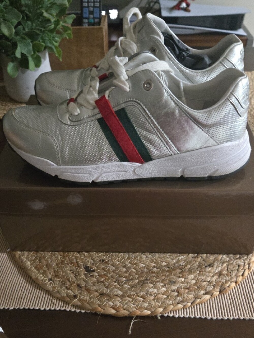 Gucci Silver Metallic Athletic Sneakers with Red & Green Web Stripe - Picture 5 of 7